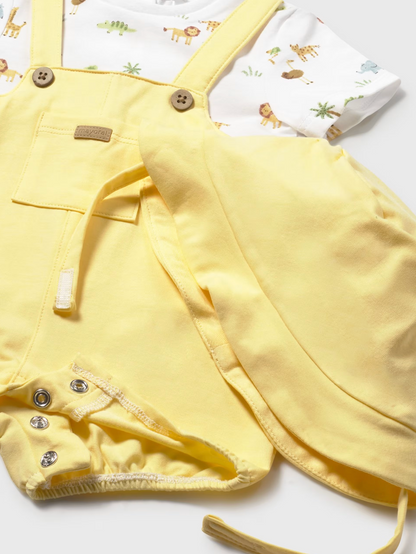 Yellow baby romper with buttons. UNISEX SUNSHINE SAFARI BABY DUNGAREES WITH HAT | MAYORAL