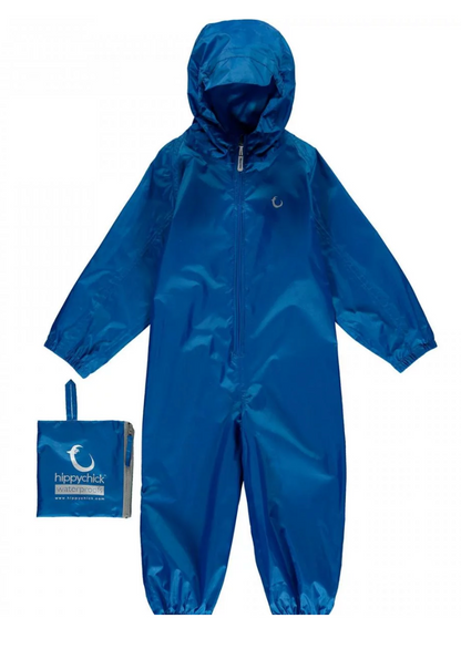 Blue rain suit with a matching pouch . WATERPROOF TODDLER ALL-IN-ONE PACKASUITS - BLUE | HIPPYCHICK 
