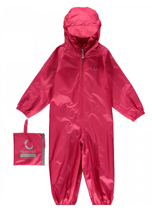 Pink rain suit with a matching bag. WATERPROOF TODDLER ALL-IN-ONE PACKASUITS - PINK | HIPPYCHICK 