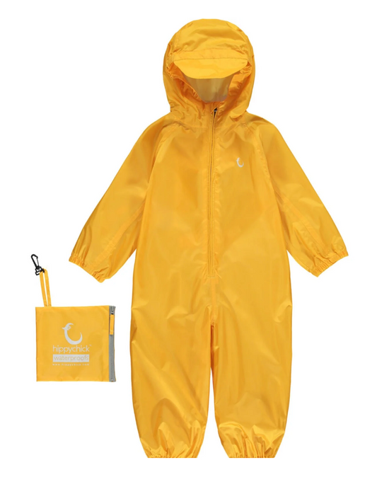 Hippychick Yellow kids rain suit with hood and a matching pouch. WATERPROOF TODDLER ALL-IN-ONE PACKASUITS - YELLOW | HIPPYCHICK 