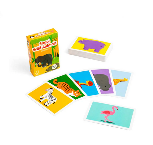Card game set with animal illustrations and a box labeled 'Snap! Wild Animals' on a white background. WILD ANIMAL SNAP | BIGJIGS