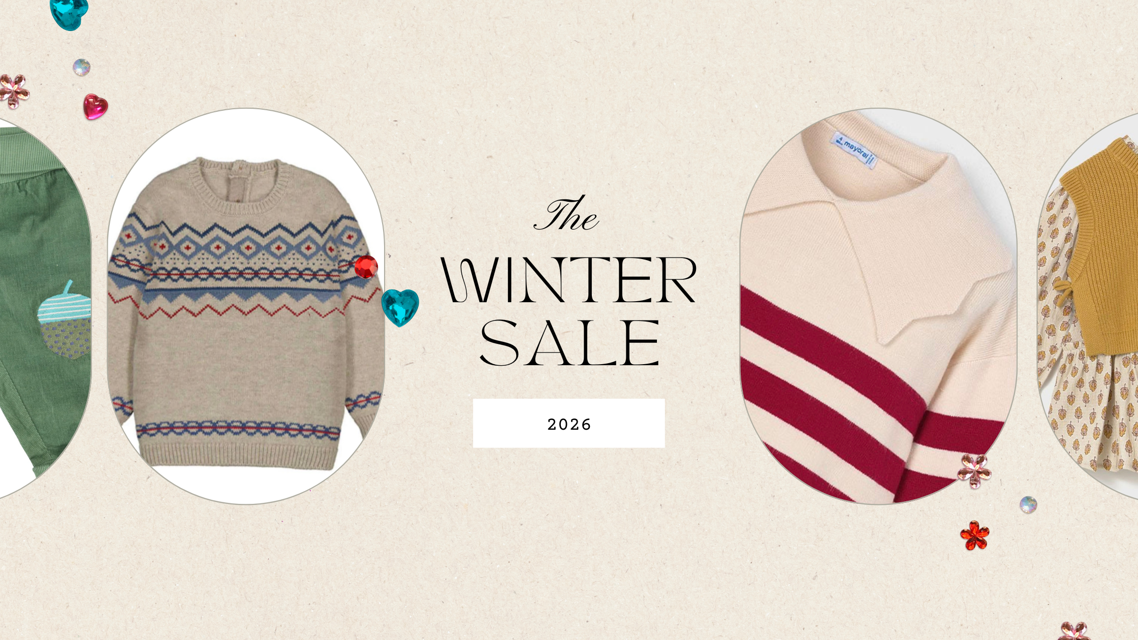 Winter sale advertisement with sweaters on a beige background
