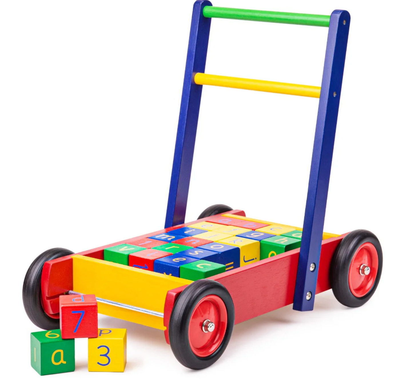 Colorful toy cart with alphabet blocks. WOODEN BABY MULTI-COLOUR WALKER WITH ABC & NUMBER BLOCKS | TIDLO