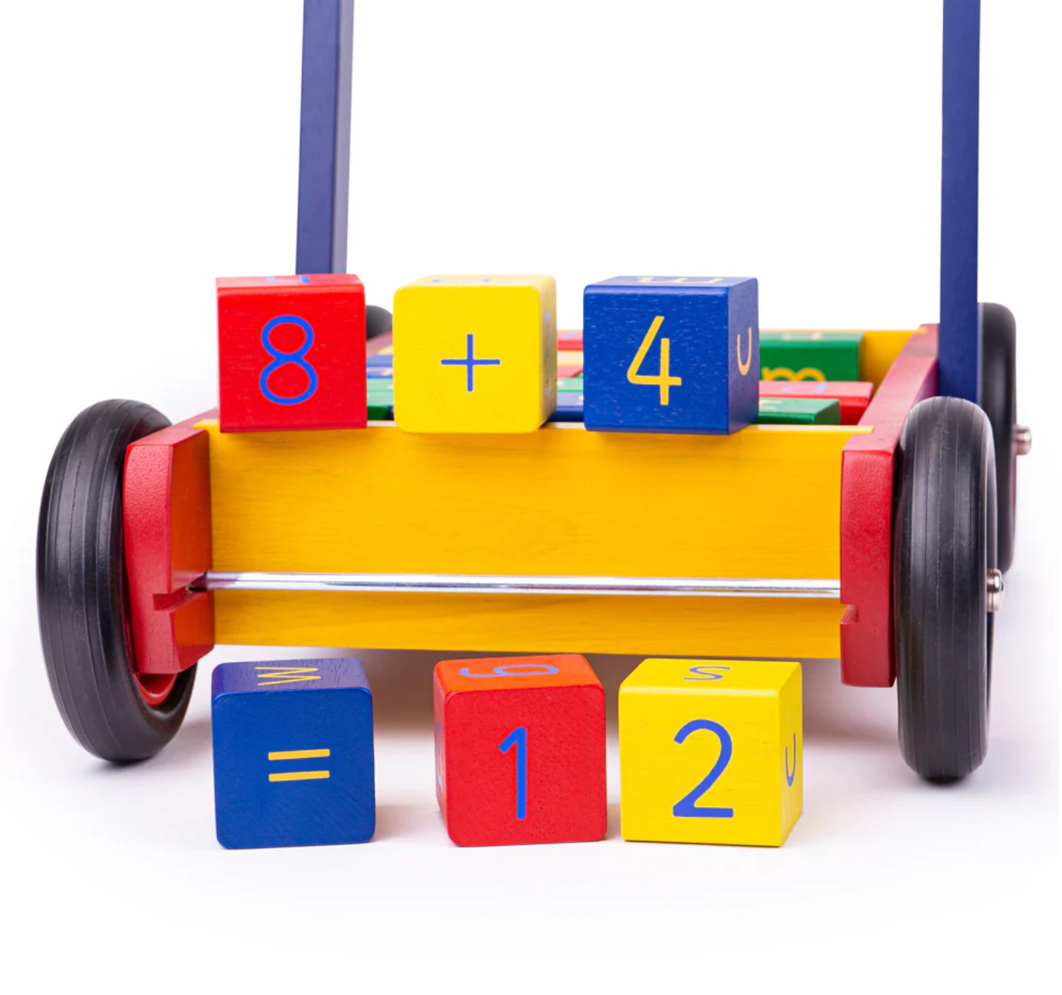 Toy cart with colorful number blocks. WOODEN BABY MULTI-COLOUR WALKER WITH ABC & NUMBER BLOCKS | TIDLO