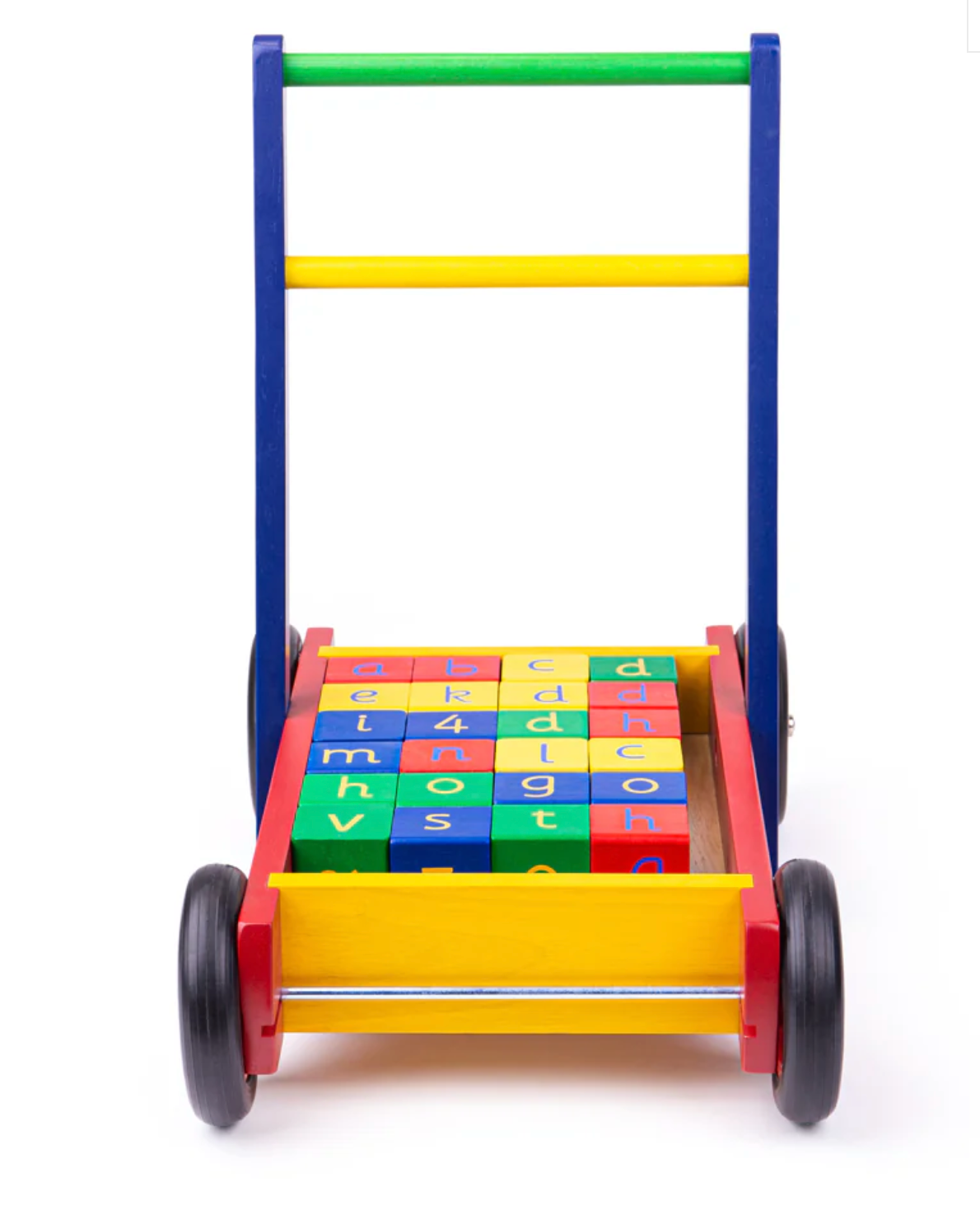 Colorful toy walker with alphabet blocks. WOODEN BABY MULTI-COLOUR WALKER WITH ABC & NUMBER BLOCKS | TIDLO