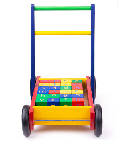 Colorful toy walker with alphabet blocks. WOODEN BABY MULTI-COLOUR WALKER WITH ABC & NUMBER BLOCKS | TIDLO