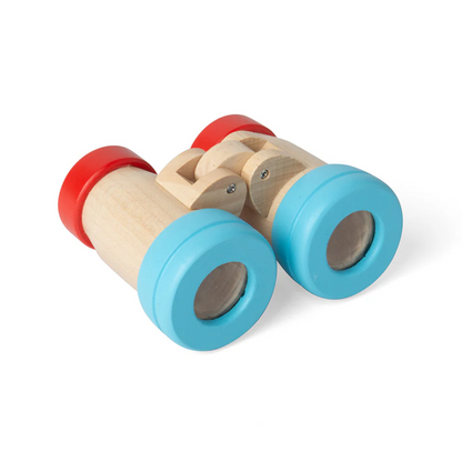 Two wooden toys with red and blue ends on a white background WOODEN BINOCULARS | BIGJIGS