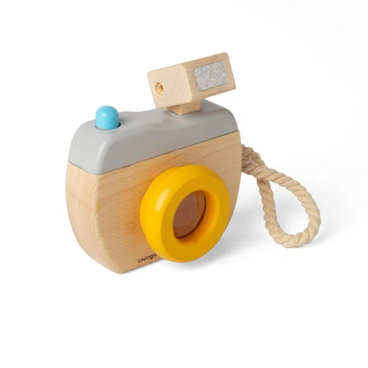 Wooden toy camera with a yellow lens on a white background WOODEN CAMERA | BIGJIGS