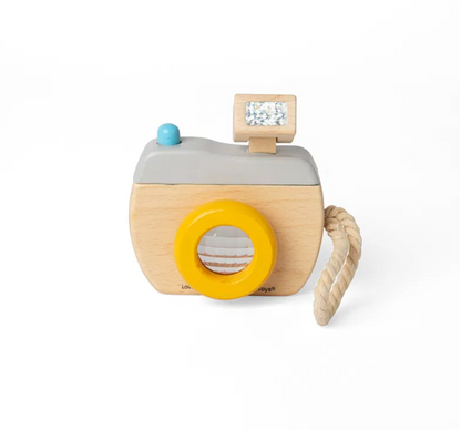 Toy camera with a yellow lens on a white background WOODEN CAMERA | BIGJIGS