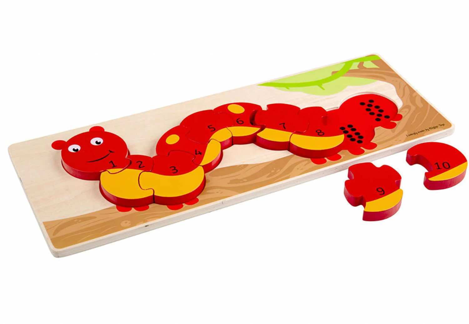 Wooden caterpillar puzzle with numbered segments. WOODEN CATERPILLAR 1-10 NUMBER PUZZLE | BIGJIGS