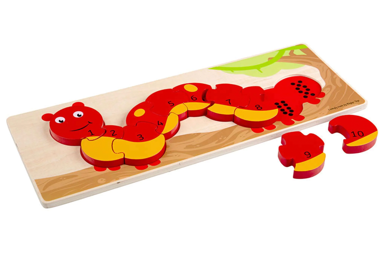 Wooden caterpillar puzzle with numbered segments. WOODEN CATERPILLAR 1-10 NUMBER PUZZLE | BIGJIGS