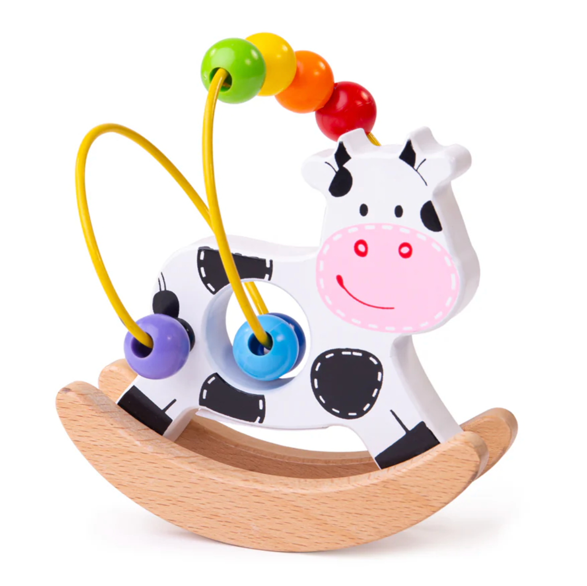 A wooden cow-shaped bead frame with a colorful bead track on a rocking base. WOODEN COW ROCKING BEAD FRAME | BIGJIGS