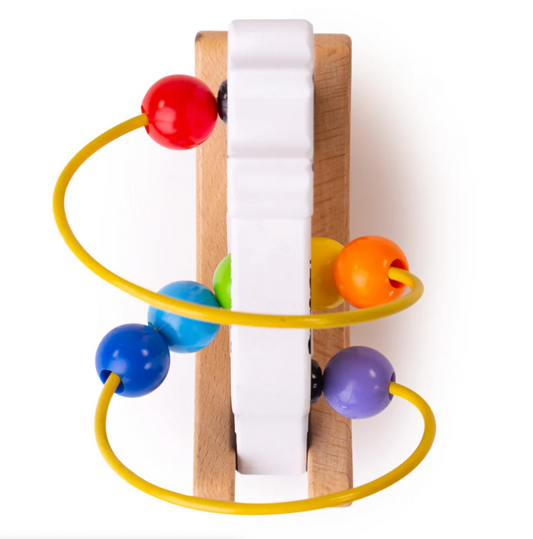 Colorful bead maze toy on a white background WOODEN COW ROCKING BEAD FRAME | BIGJIGS
