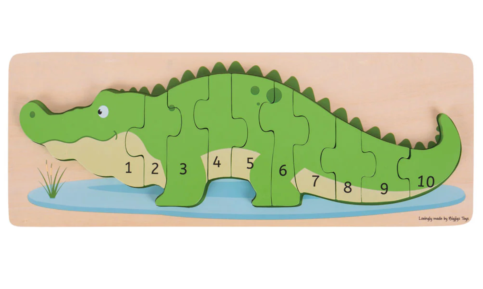 Wooden puzzle shaped like a green alligator with numbered pieces. WOODEN CROCODILE NUMBER COUNTING 1-10 PUZZLE | BIGJIGS