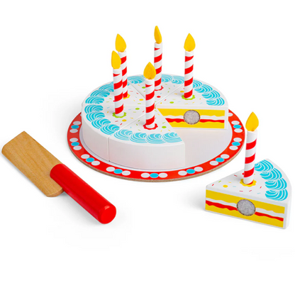 Wooden play food set resembling a birthday cake with candles, accompanied by a wooden serving slicer and six cake slices. WOODEN CUTTING BIRTHDAY CAKE | BIGJIGS