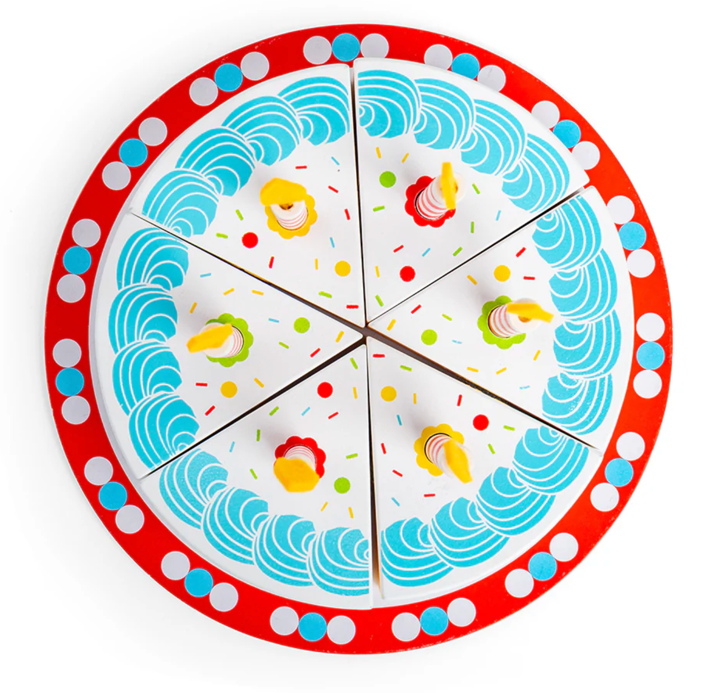 Colorful pizza-shaped plate with cartoon characters on a white background WOODEN CUTTING BIRTHDAY CAKE | BIGJIGS