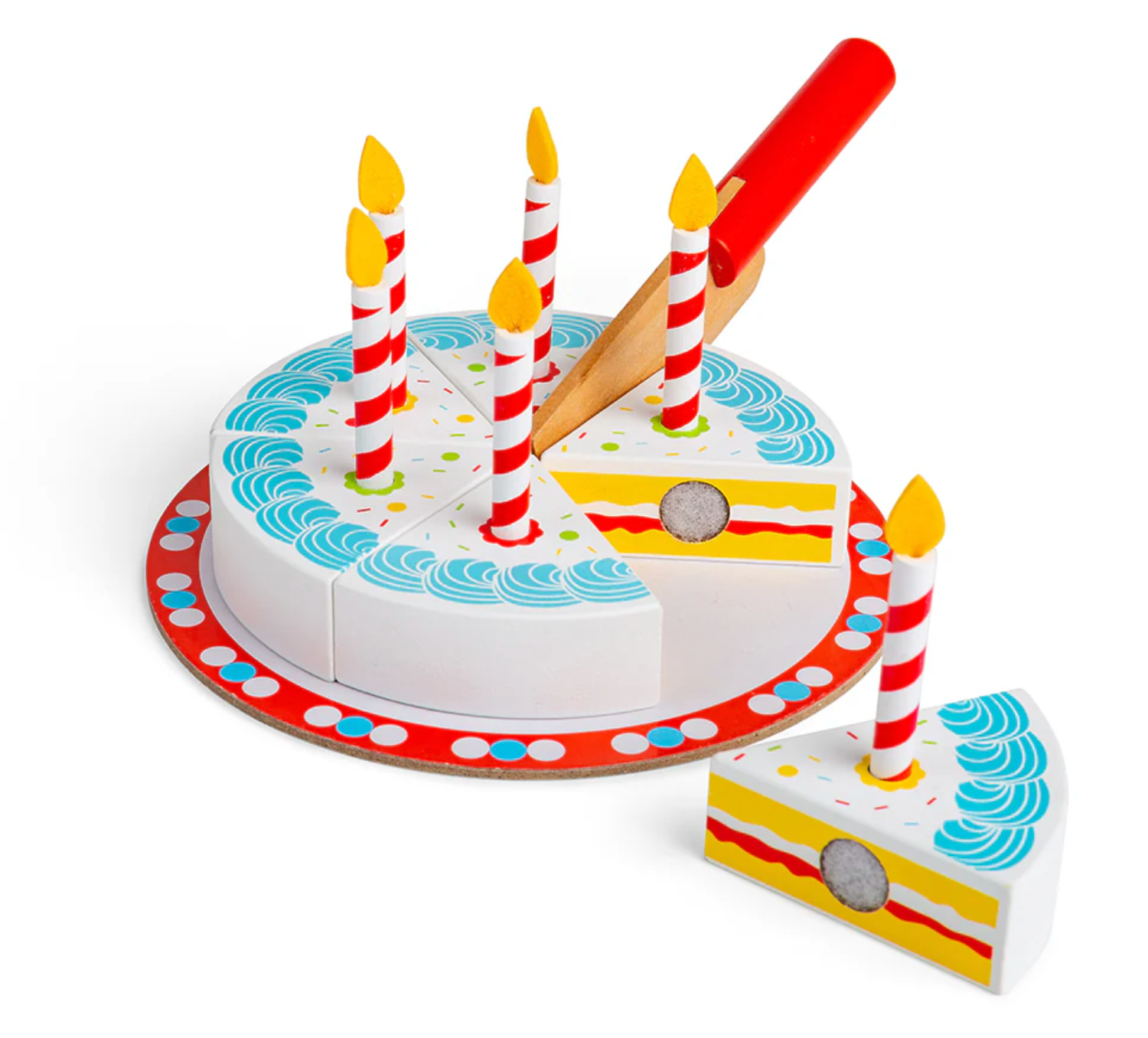 Children's toy birthday cake with candles and a slice removed on a white background WOODEN CUTTING BIRTHDAY CAKE | BIGJIGS