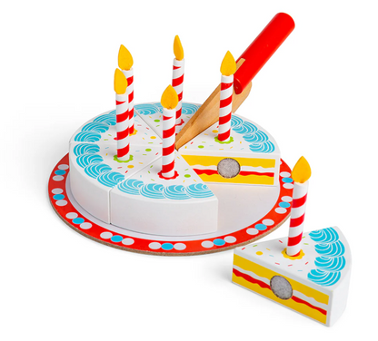 Children's toy birthday cake with candles and a slice removed on a white background WOODEN CUTTING BIRTHDAY CAKE | BIGJIGS
