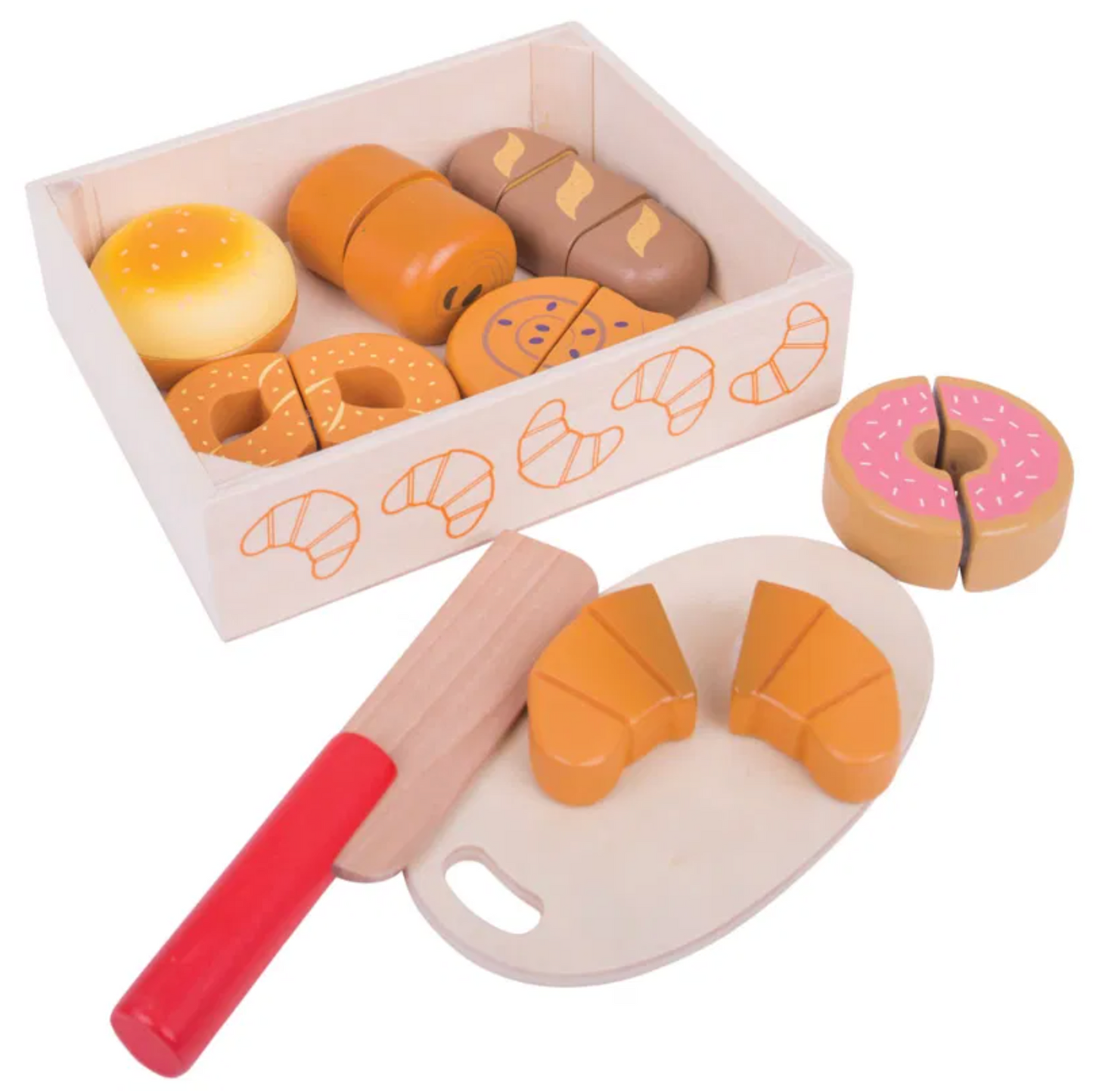 Wooden toy bakery set with bread shapes, a rolling pin, and a cutting board. WOODEN CUTTING BREAD AND PASTRIES CRATE PLAY FOOD  | BIGJIGS