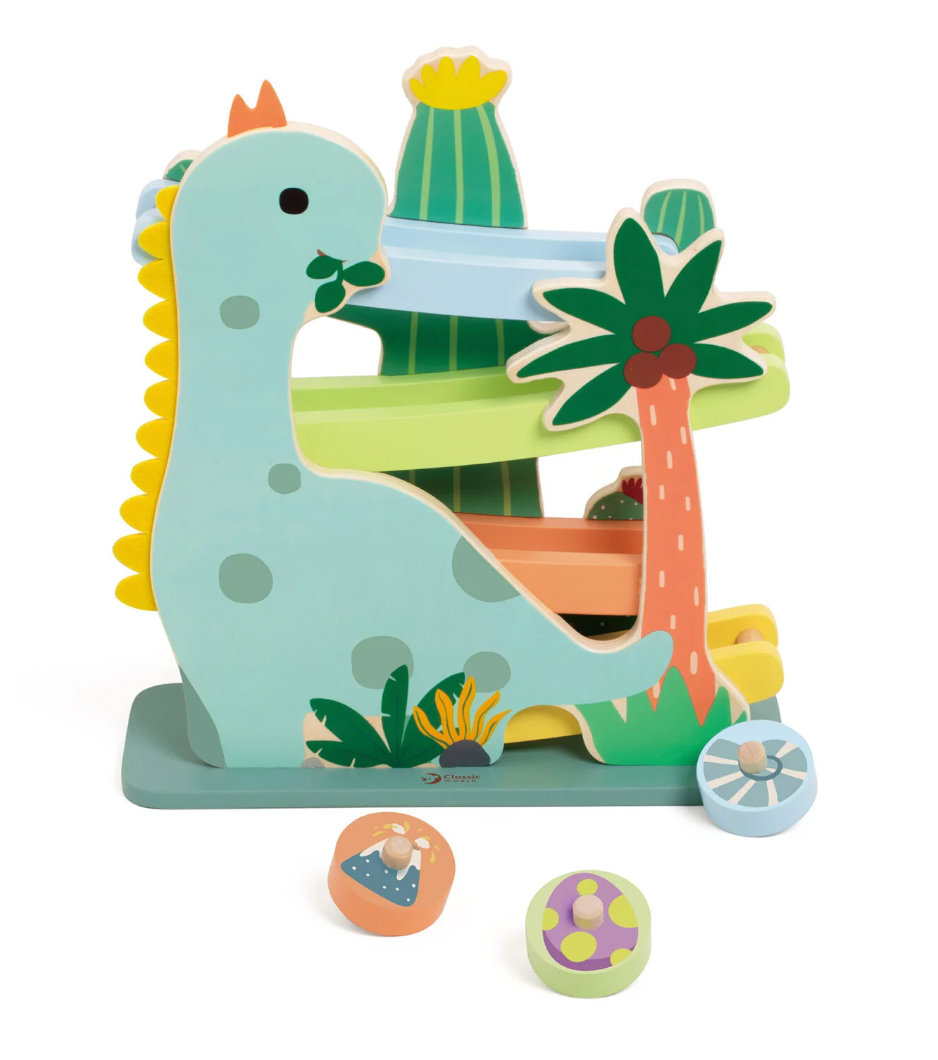 wooden dinosaur slide toy for kids with smooth ramp design. WOODEN DINOSAUR SLIDE PLAY TOY | CLASSIC WORLD