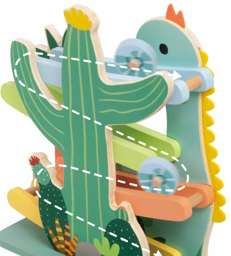 Children's marble run toy shaped like a cactus with a DINOSAUR on a white background. WOODEN DINOSAUR SLIDE PLAY TOY | CLASSIC WORLD