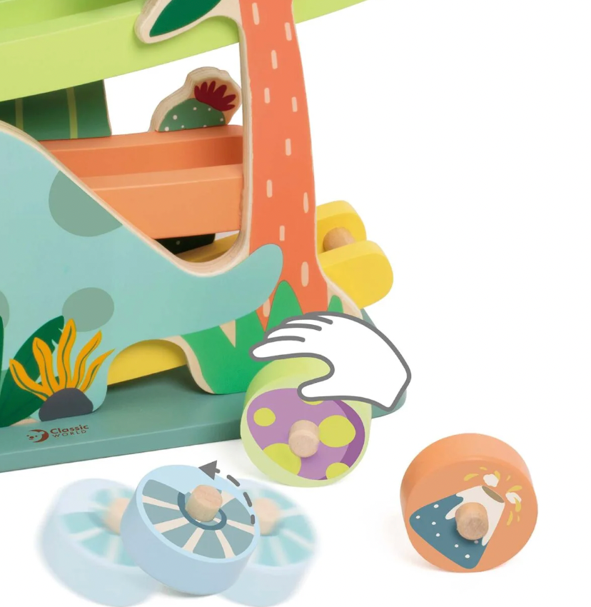 Children's wooden toy set with a slide, wheels, and colorful elements on a white background. WOODEN DINOSAUR SLIDE PLAY TOY | CLASSIC WORLD