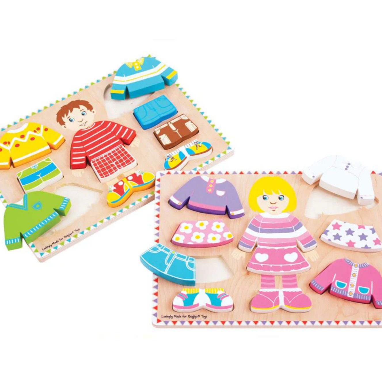 Assorted wooden puzzles featuring characters and clothing pieces in various colors on a wooden base board. WOODEN DRESS UP PUZZLE | BIGJIGS