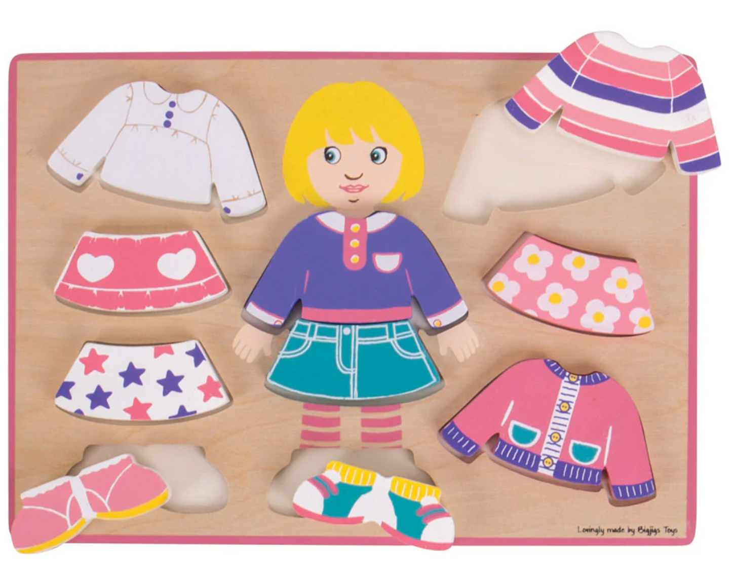 Assorted wooden puzzles featuring characters and clothing pieces in various colors on a wooden base board. WOODEN DRESS UP PUZZLE | BIGJIGS