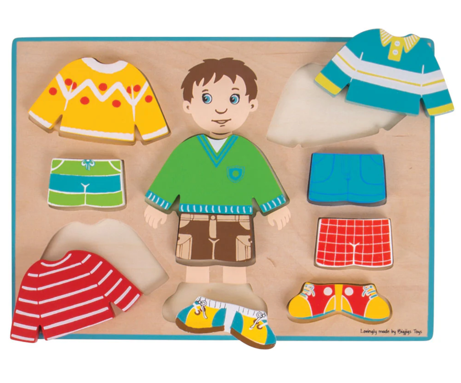 Assorted wooden puzzles featuring characters and clothing pieces in various colors on a wooden base board. WOODEN DRESS UP PUZZLE | BIGJIGS
