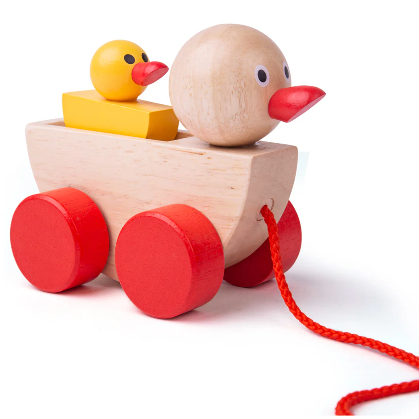 Wooden toy boat with a yellow duck on top, on a white background WOODEN DUCK & DUCKLING PULL ALONG | BIGJIGS