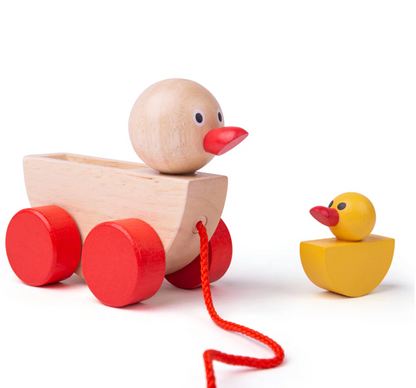 Wooden toy with a pull string and a yellow duck figure on a white background WOODEN DUCK & DUCKLING PULL ALONG | BIGJIGS