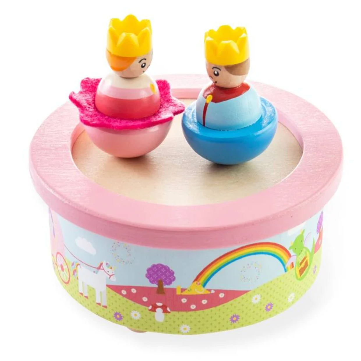 Toy set with a pink and blue boat and figures on a colorful circular base WOODEN FANTASY MUSIC BOX | BIGJIGS
