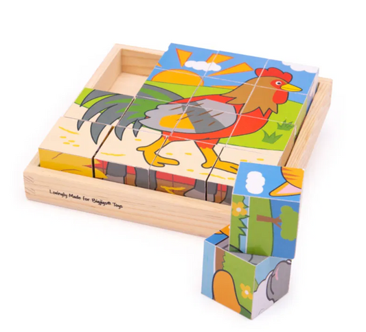 Wooden puzzle with a colorful rooster design on a white background WOODEN FARM CUBE PUZZLE - LARGE | BIGJIGS