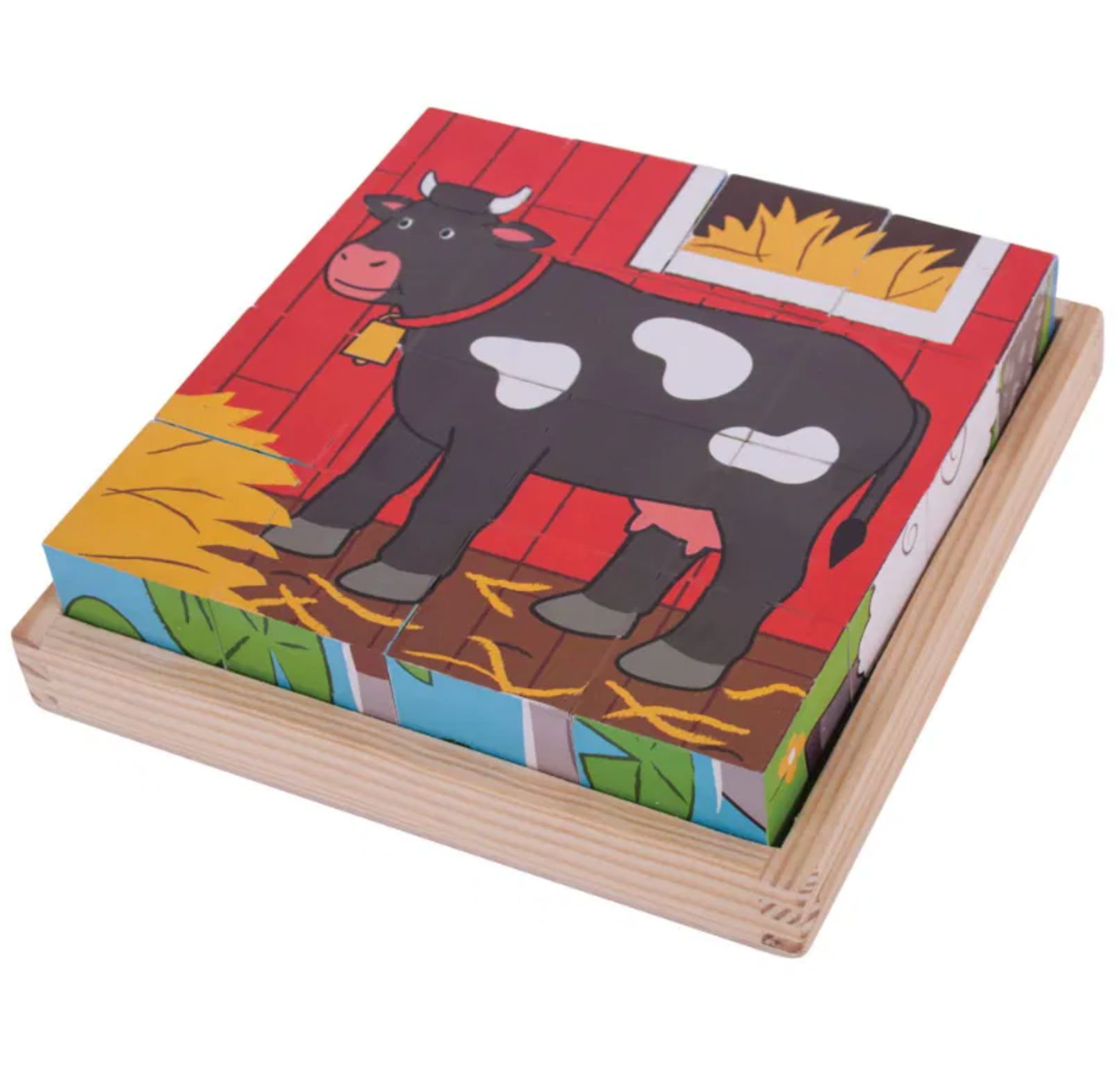 Children's puzzle with a cow design on a wooden base WOODEN FARM CUBE PUZZLE - LARGE | BIGJIGS