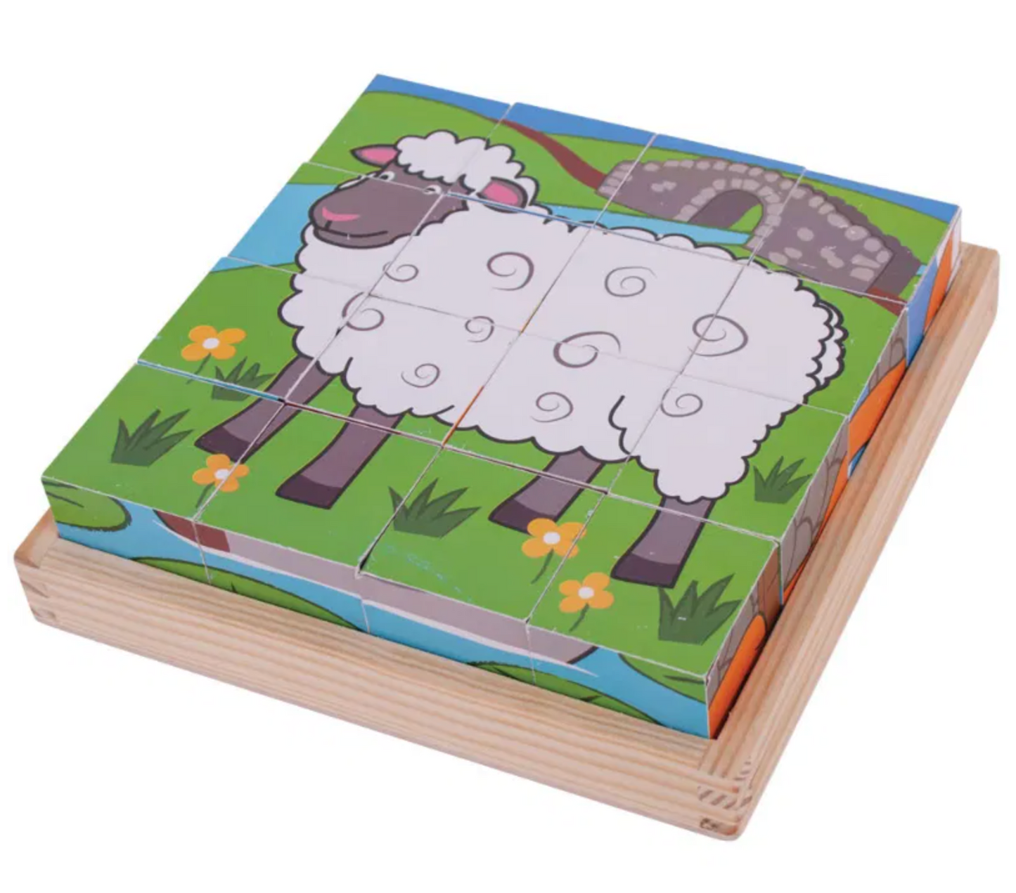 Children's puzzle with a sheep design on a white background WOODEN FARM CUBE PUZZLE - LARGE | BIGJIGS