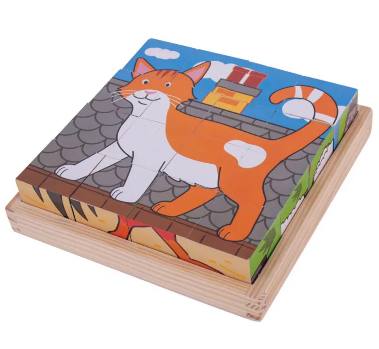 Wooden toy with a cat design on a white background WOODEN FARM CUBE PUZZLE - LARGE | BIGJIGS