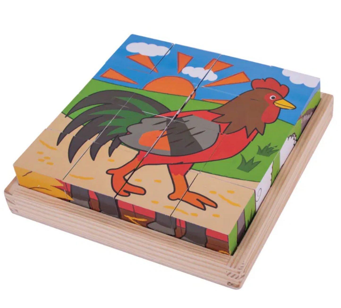 Wooden puzzle with a rooster design on a colorful box WOODEN FARM CUBE PUZZLE - LARGE | BIGJIGS