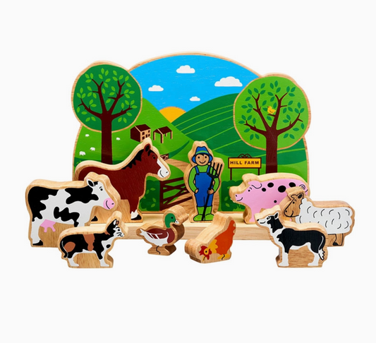 Set of wooden farm animal figures with a scenic background WOODEN FARM PLAYSCENE - HANDMADE & FAIR TRADE | LANKA KADE