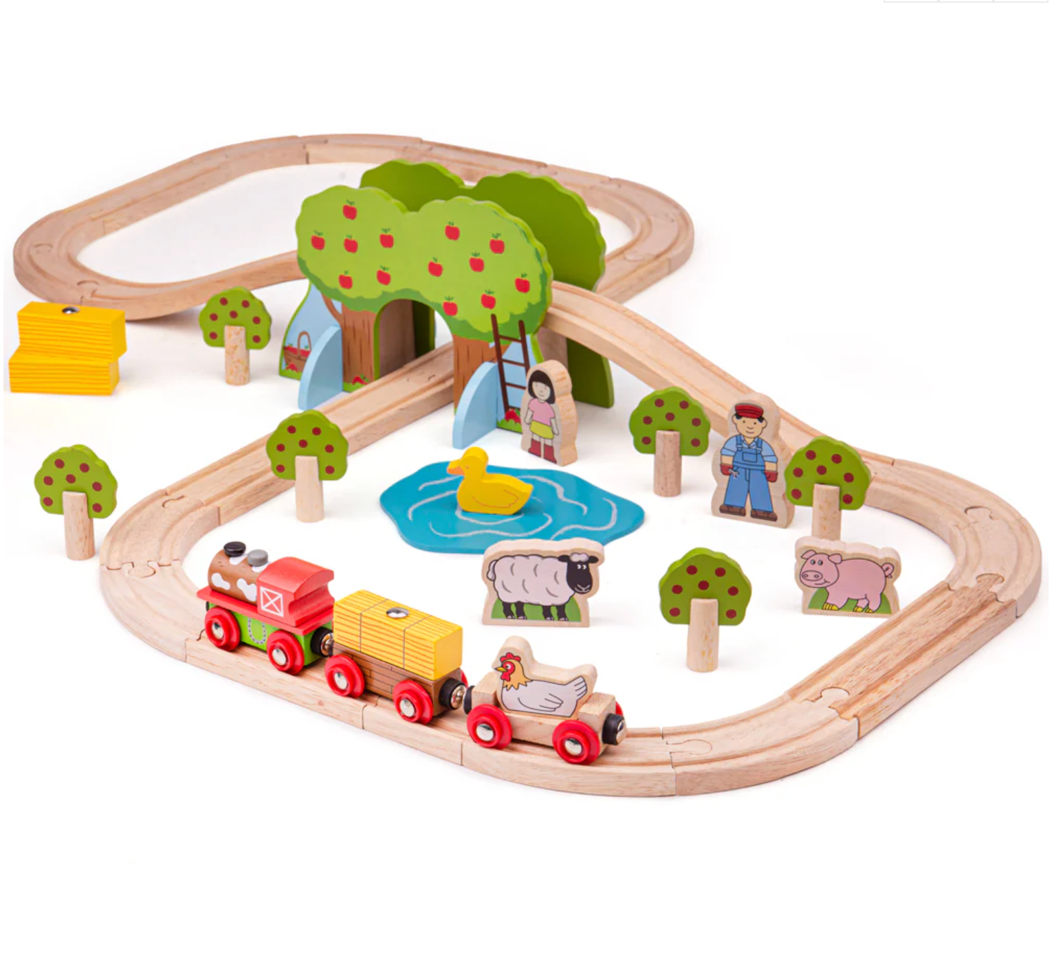 Wooden train set with tracks, trees, and farm animals on a white background WOODEN FARM TRAIN SET | BIGJIGS