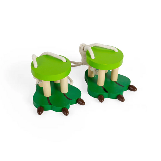 Pair of green and brown children's shoes with wooden sole on a white background WOODEN FOOTWALKERS - 3 COLOURS | BIGJIGS