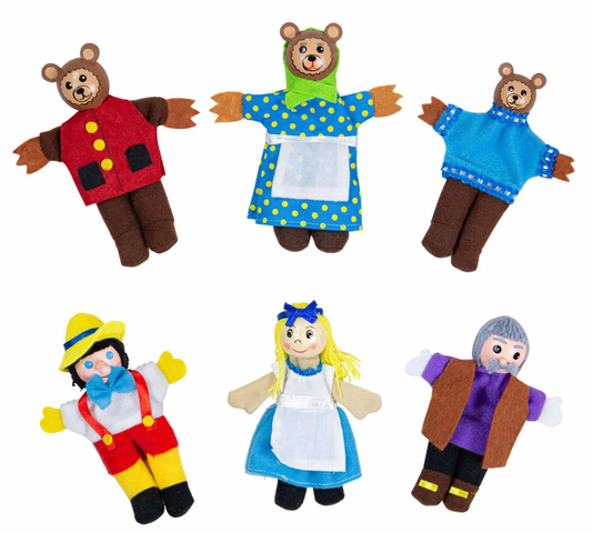 Set of colorful finger puppets including bears, a girl, and an old woman. WOODEN GOLDILOCKS FINGER PUPPETS | BIGJIGS