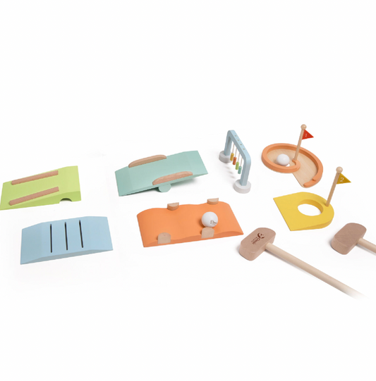 Set of colorful wooden toy golf course pieces. WOODEN GOLF SET | CLASSIC WORLD