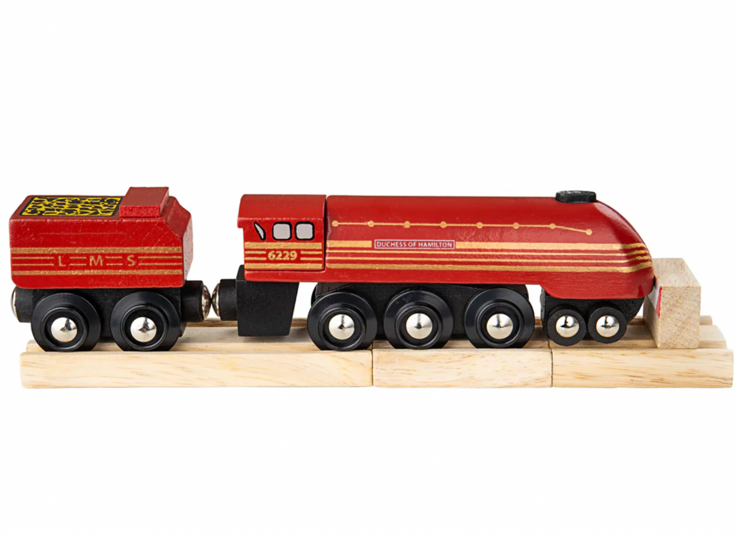 Wooden toy train with red engine and black wheels. WOODEN HERITAGE COLLECTION DUCHESS OF HAMILTON | BIGJIGS RAIL