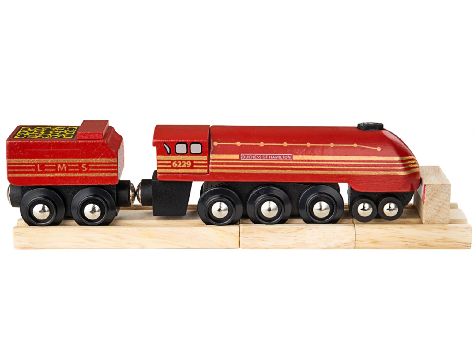 Wooden toy train with red engine and black wheels. WOODEN HERITAGE COLLECTION DUCHESS OF HAMILTON | BIGJIGS RAIL