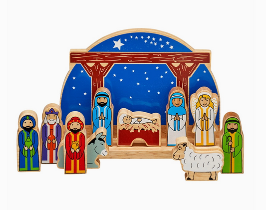 Wooden nativity scene set with characters and stable on a white background WOODEN NATIVITY SCENE - HANDMADE & FAIR TRADE | LANKA KADE