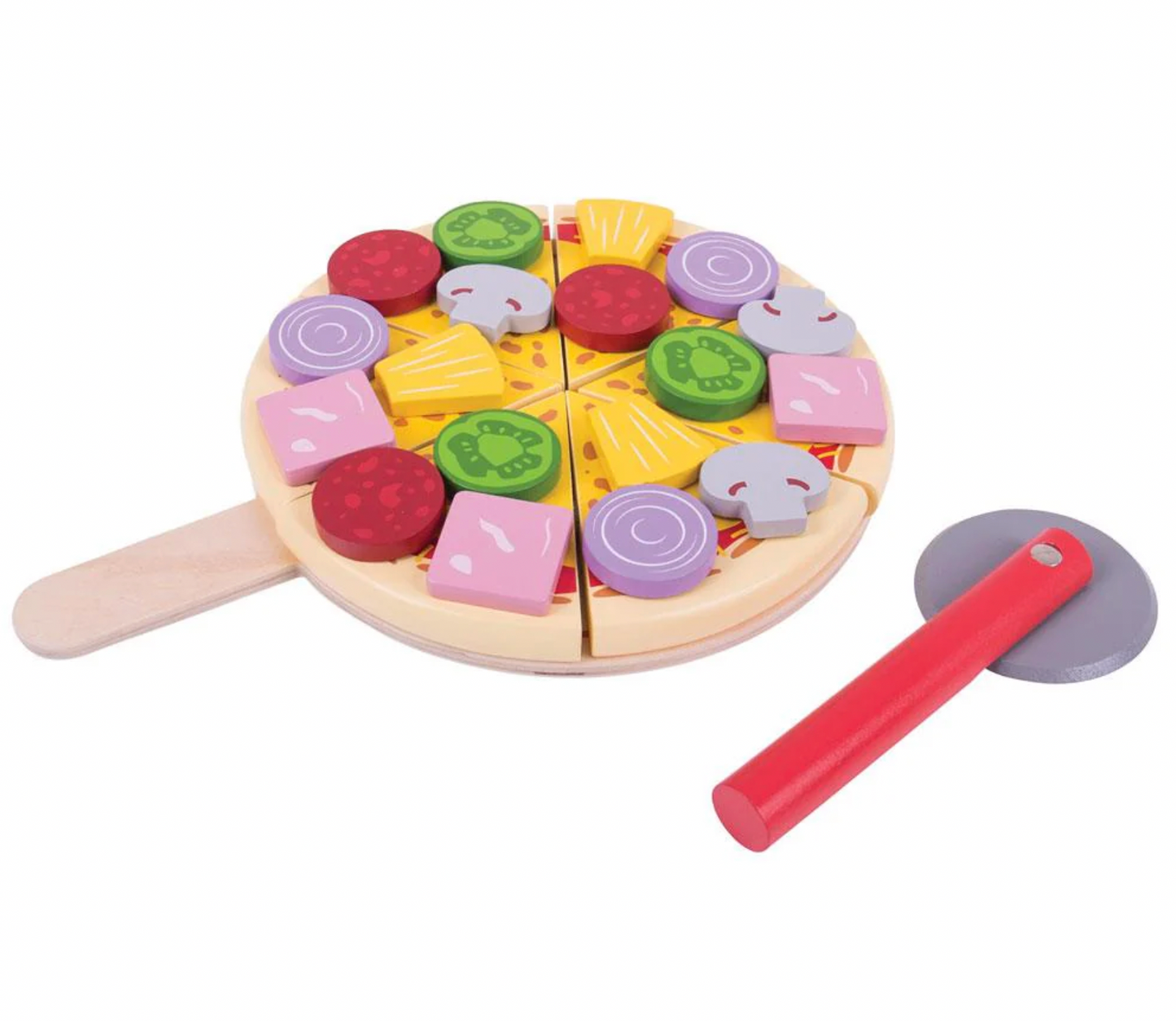 Wooden toy pizza with colorful slices and a pizza cutter. WOODEN PIZZA FOOD TOY & FRACTION LEARNING TOY | BIGJIGS 