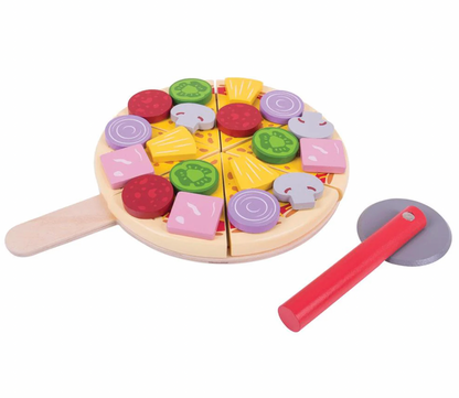 Wooden toy pizza with colorful slices and a pizza cutter. WOODEN PIZZA FOOD TOY & FRACTION LEARNING TOY | BIGJIGS 