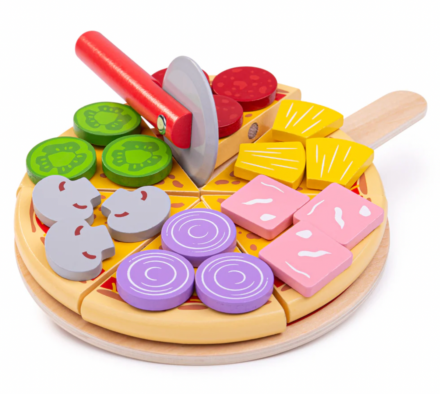 Wooden toy pizza set with colorful toppings and a pizza cutter. WOODEN PIZZA FOOD TOY & FRACTION LEARNING TOY | BIGJIGS 