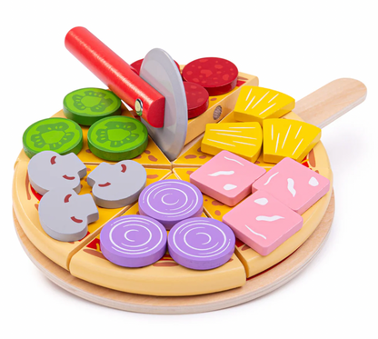 Wooden toy pizza set with colorful toppings and a pizza cutter. WOODEN PIZZA FOOD TOY & FRACTION LEARNING TOY | BIGJIGS 
