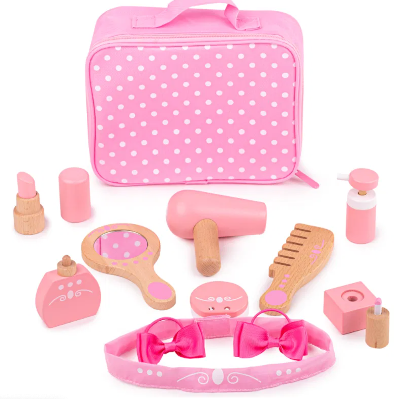 Set of wooden toy beauty items including a pink polka dot bag on a white background WOODEN PLAY VANITY KIT | BIGJIGS
